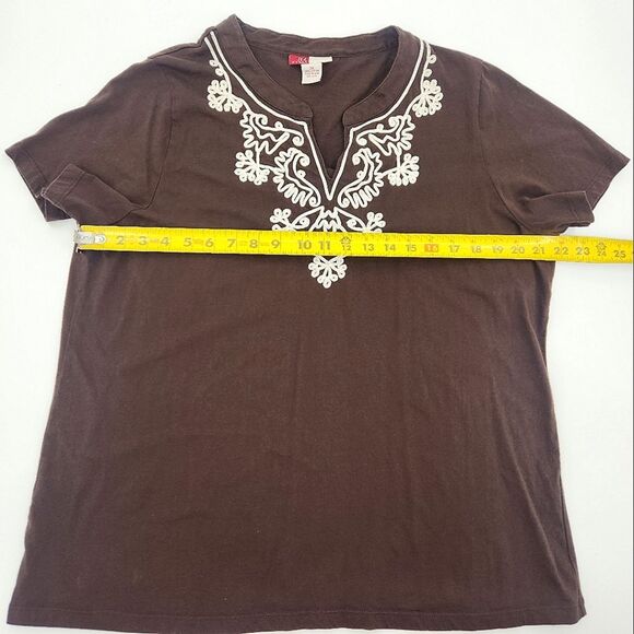 JM Woman Blouse Top Womens Plus Size 3X Brown Embroidered Short Sleeve Knit Boho - Picture 6 of 7